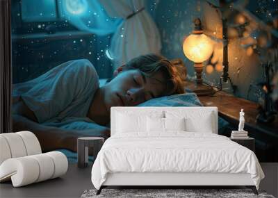 A man sleeping in bed, he is dreaming of the moon and stars Wall mural