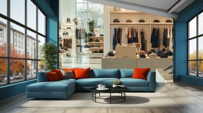 A modern retail store interior showcasing clothing on racks and shelves with a bright, welcoming atmosphere. Wall mural