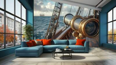 A pirate ships crows nest view with telescope overlooking ocean Wall mural