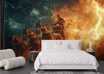 A powerful warrior rides a fiery chariot pulled by horses, surrounded by dramatic lightning and stormy skies. Wall mural