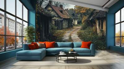 A serene, abandoned village scene surrounded by autumn foliage, showcasing weathered houses and a winding path. Wall mural