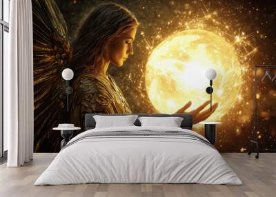 A serene illustration of Archangel Uriel holding glowing orb, radiating light and warmth Wall mural