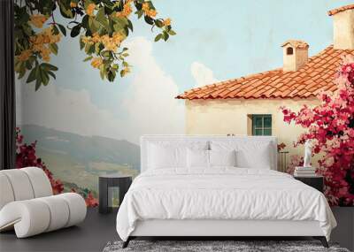 A serene illustration of Mediterranean villa with vibrant flowers Wall mural