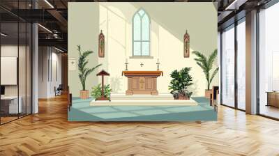 A simple depiction of Catholic church interior with serene plants and light Wall mural