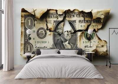 A Single Dollar Bill, Torn Apart, a Symbol of Financial Hardship. Wall mural