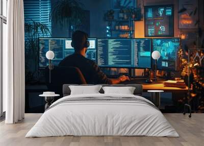 A tech-savvy individual working late at night in a modern workspace, surrounded by multiple screens showcasing code and data. Wall mural