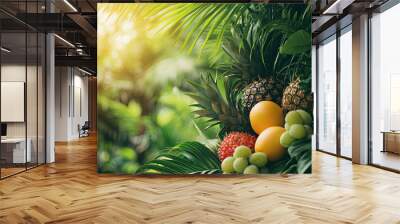 A vibrant close up of tropical paradise featuring exotic fruits like pineapples and oranges Wall mural