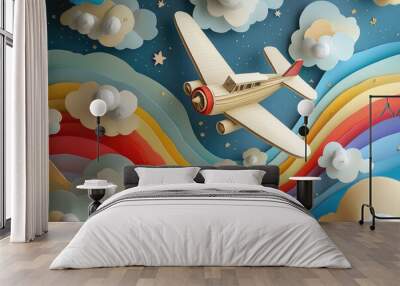 A whimsical paper airplane soars through a dreamy sky adorned with cotton candy clouds and vibrant rainbow waves. Wall mural