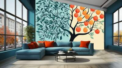 A whimsical tree, split in two, one side bare and the other bursting with vibrant oranges, a playful contrast of growth and abundance. Wall mural