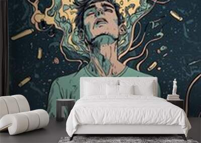 A young man sits in contemplation, surrounded by vibrant colors and abstract shapes, symbolizing creativity and inner thoughts. Wall mural