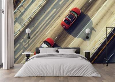 Aerial view of two red cars traveling on a multi-lane highway under bright daylight, showcasing modern transportation dynamics. Wall mural