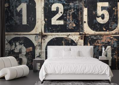 Aged hexagonal grid with bold white numerals 1 to 5 on a distressed and textured black background, evoking a retro industrial ambiance. Wall mural