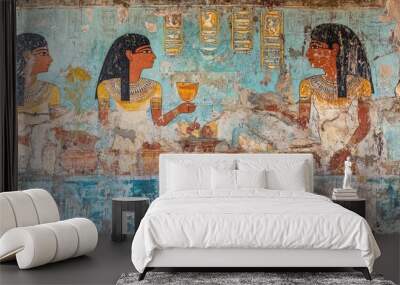 Ancient Egyptian mural depicting women celebrating with drinks and food, showcasing rich cultural artistry and tradition. Wall mural