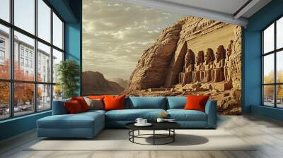 Ancient rock carvings along a serene river, showcasing the beauty of natural landscapes and historical monuments at sunset. Wall mural