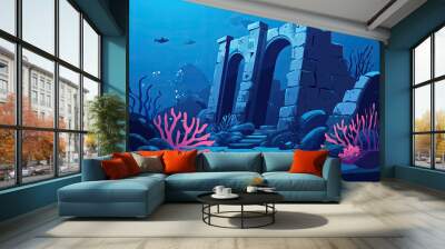 Ancient underwater ruins with vibrant coral and marine life create serene atmosphere Wall mural