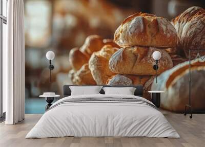 Artisanal Bread Loaves in a Rustic Bakery Setting Wall mural