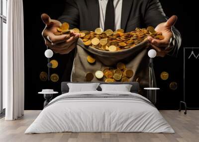 businessman holding a bag full of gold coins, close-up Wall mural