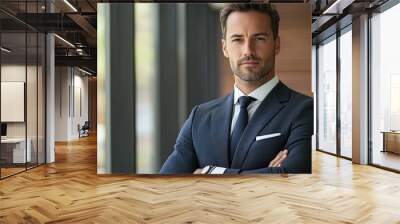 Confident businessman in a stylish suit poses elegantly by a large window, embodying professionalism and modernity. Wall mural