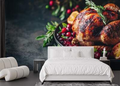 Delicious roasted chicken garnished with fresh herbs and served with cranberry sauce, ideal for festive celebrations and gatherings. Wall mural