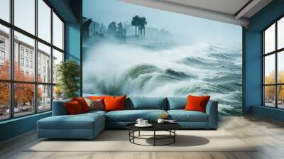 Dramatic stormy waves crash against the shoreline, capturing the power of nature and the beauty of turbulent seascapes. Wall mural