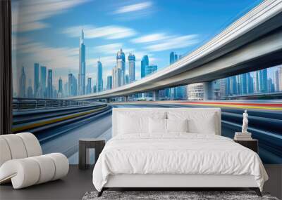 Dynamic Motion Blur Captures the Fast-Paced Energy of a Modern City Under a Clear Sky Wall mural