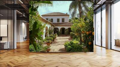 Explore this enchanting villa with terracotta roofs, whitewashed walls, and lush greenery. A serene escape amidst vibrant orange trees and tranquil surroundings. Wall mural