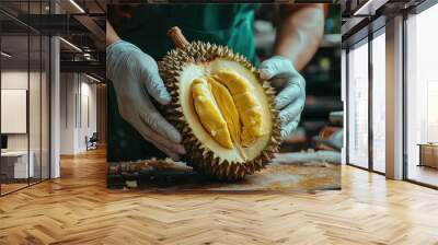 Fresh durian fruit being held with gloved hands, showcasing its unique texture and color Wall mural