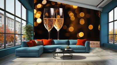 Glasses of champagne on bokeh background. New Year celebration Wall mural