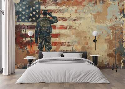 Illustrate a Memorial Day background featuring a soldier saluting in front of a large American flag Wall mural