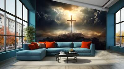 Jesus Christ crucified on the cross on the rock. 3d render Wall mural