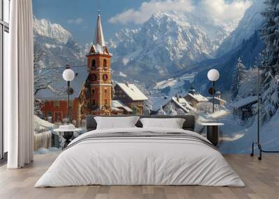 
Lofi art style, a nice european mountain village, winter landscape Wall mural