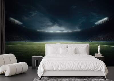 Soccer ball on the field of stadium at night. Mixed media Wall mural