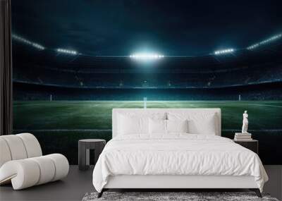 Soccer ball on the field of stadium at night. Mixed media Wall mural