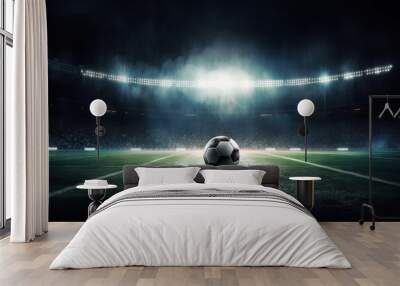 Soccer ball on the field of stadium at night. Mixed media Wall mural