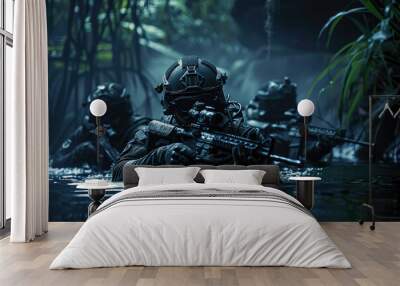 special forces team in black wetsuits and full face masks with tactical night vision Wall mural