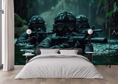 special forces team in black wetsuits and full face masks with tactical night vision Wall mural