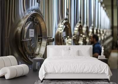 Stainless steel fermentation tanks in winery create modern atmosphere Wall mural