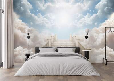 Stairway leading up to bright sky with clouds and sunlight Wall mural