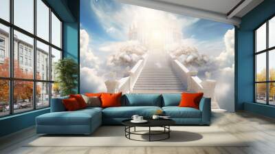 Stairway leading up to bright sky with clouds and sunlight Wall mural