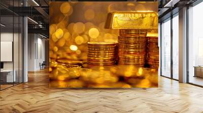 stock photo of gold bar put on top of stacks of gold coin Wall mural