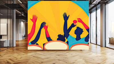 The Rhythm of Celebration: Drummers in vibrant hues create a joyful symphony under a bright, sun-kissed sky.   Wall mural