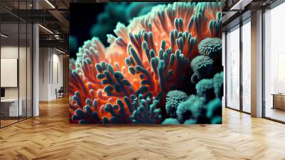 close-up of orange & green hued coral, generative ai Wall mural