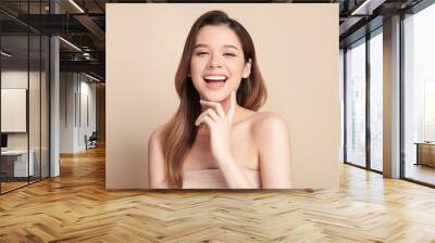 Beautiful smile of young asian woman with healthy white teeth on beige background, Dental care. Dentistry concept. Wall mural