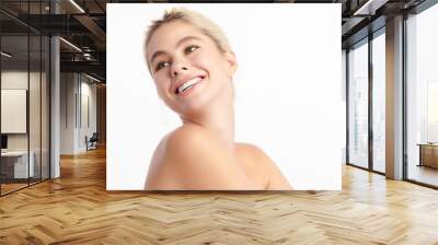 Beautiful smile of young woman with healthy white teeth on white background, Dental care. Dentistry concept. Wall mural