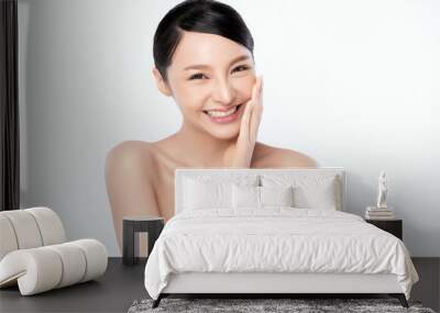 Portrait beautiful young asian woman clean fresh bare skin concept. Asian girl beauty face skincare and health wellness, Facial treatment, Perfect skin, Natural make up, on white background,two Wall mural