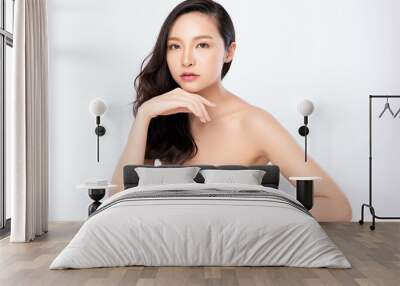 Portrait beautiful young asian woman clean fresh bare skin concept. Asian girl beauty face skincare and health wellness, Facial treatment, Perfect skin, Natural make up, on white background,two Wall mural