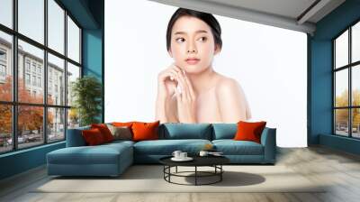 Portrait beautiful young asian woman clean fresh bare skin concept. Asian girl beauty face skincare and health wellness, Facial treatment, Perfect skin, Natural make up, on white background,two Wall mural