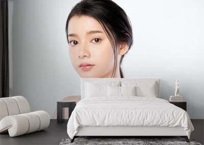 Portrait beautiful young asian woman clean fresh bare skin concept. Asian girl beauty face skincare and health wellness, Facial treatment, Perfect skin, Natural makeup, on white background,two Wall mural