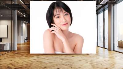 Portrait beautiful young asian woman clean fresh bare skin concept. Asian girl beauty face skincare and health wellness, Facial treatment, Perfect skin, Natural makeup, on white background,two Wall mural