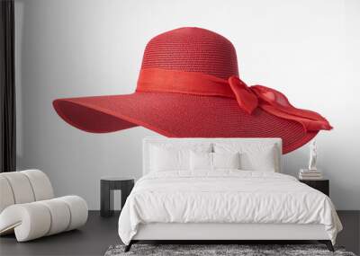 Vintage Panama hat, Woman hat isolated on white background, Women's beach hat, red hat. Wall mural